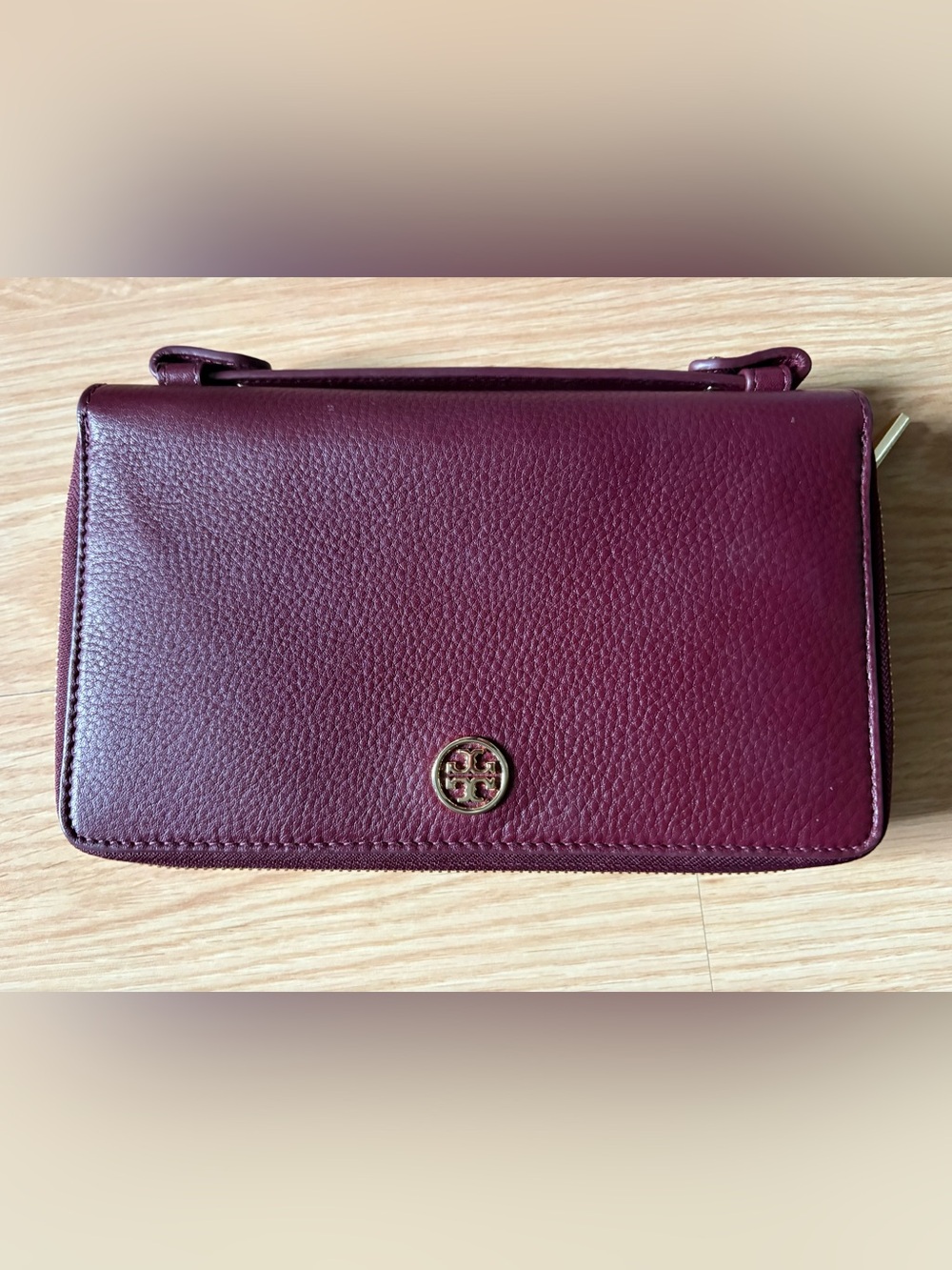 Tory Burch Wine Pebbled Leather Crossbody Wallet with Gold Logo